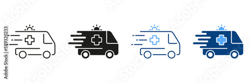 Ambulance Line and Silhouette Icon Set. Urgent Medical Help. Emergency Car for Patients Black and Color Pictogram. Paramedic's Transport for First Aid Symbol Collection. Isolated Vector Illustration