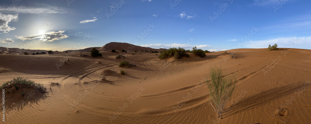Merzouga, Morocco, Africa, panoramic view of the dunes in the Sahara desert, grains of sand forming small waves on the beautiful dunes before sunset 