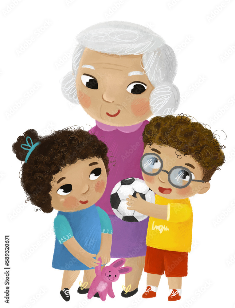 cartoon scene with happy loving family grandmother grandma children grandson and granddauhter on white background illustration for children cartoon scene with happy loving family grandmother grandma children grandson and granddauhter on white background illustration for children