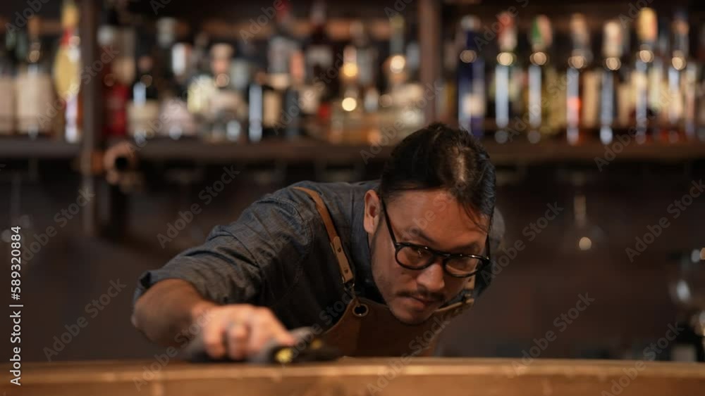 Night club concept of 4k Resolution. Asian staff cleaning the