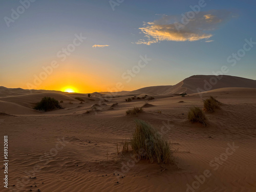 Merzouga, Morocco, Africa, panoramic view of the dunes in the Sahara desert, grains of sand forming small waves on the beautiful dunes at sunset 