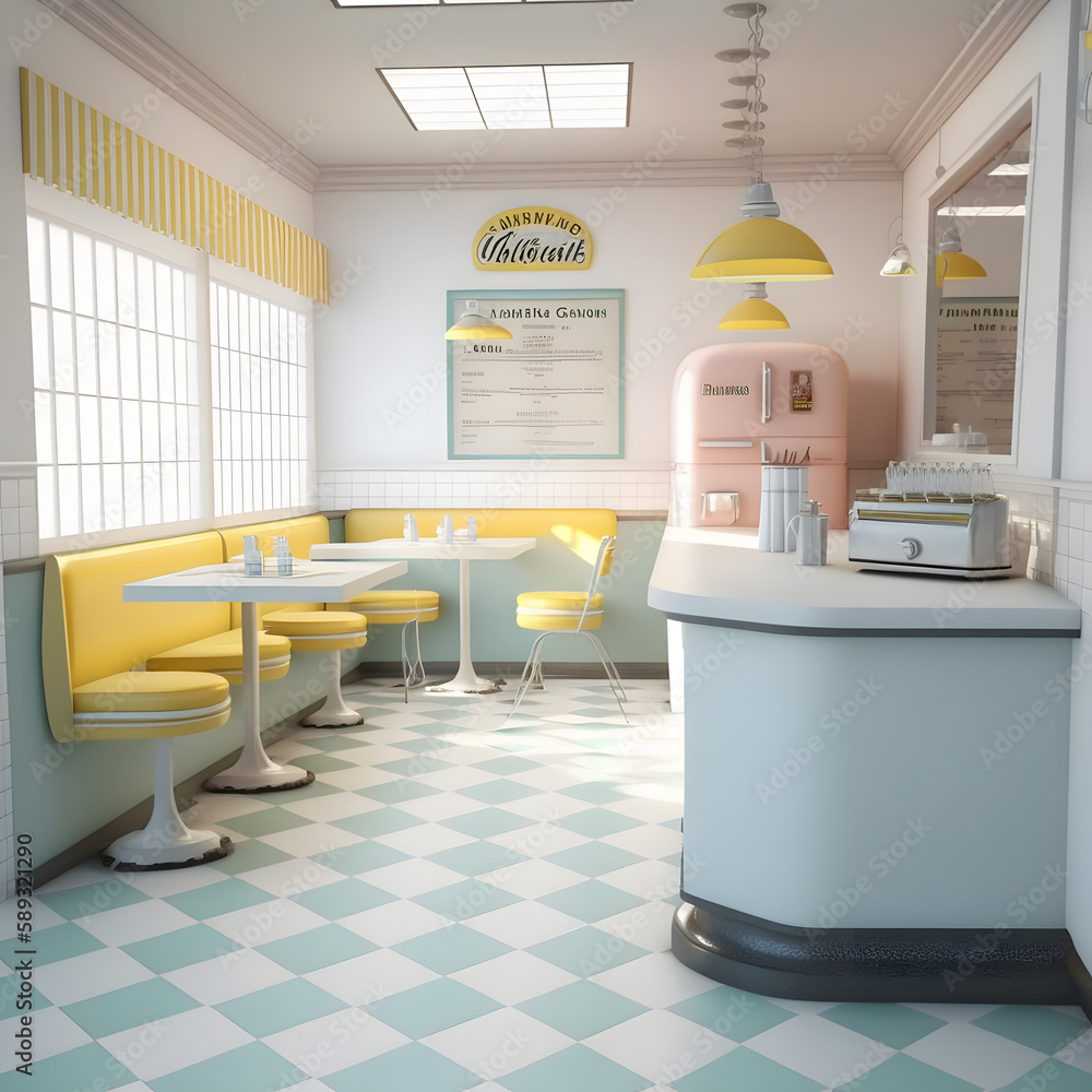 1950's dinner, white ceiling, yellow detailed, view on the counter and ...