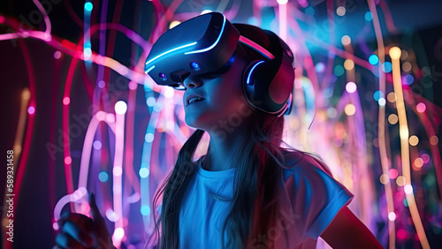 A child in VR headset poster with neon lights and copy space - Fictional Person, Generative AI
