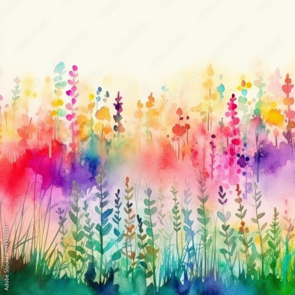 Multicolored watercolor flowers background. Generative AI