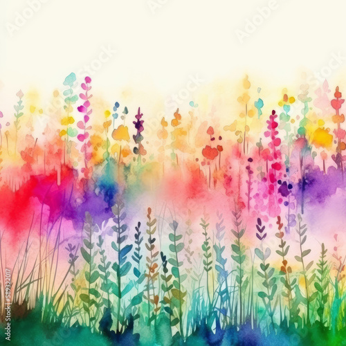 Multicolored watercolor flowers background. Generative AI © Alex