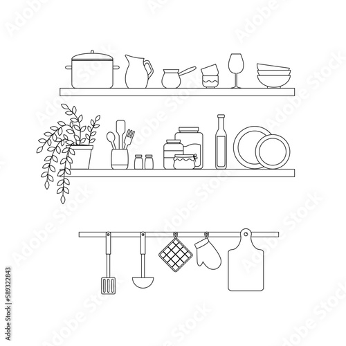 Kitchen utensils on shelves. Shelves with bowls, bottles, cups, plates, saucepans, glasses and cutlery. Line art vector illustration isolated on white background.