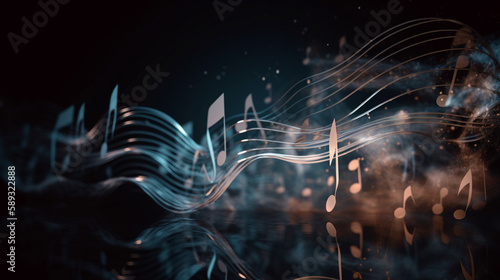 Foto 3d illustration of musical notes flowing in the air over black background   ai g