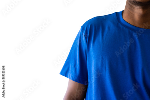 Midsection of african american man wearing blue t-shirt with copy space on white background