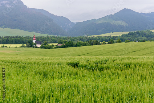 church tower on the background of the tatra mountains