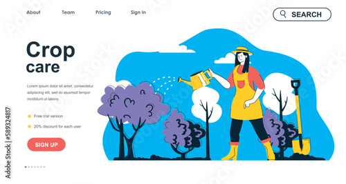Crop care concept for landing page template. Woman farmer watering plants and tree sprouts at garden. Gardening and farming people scene. Vector illustration with flat character design for web banner