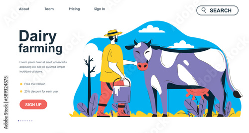 Dairy farming concept for landing page template. Farmer caring for cow and holds bucket of milk. Livestock, animal husbandry people scene. Vector illustration with flat character design for web banner