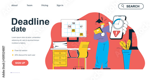 Deadline date concept for landing page template. Worried employee holds phone with timer  deadline for task. Work stress people scene. Vector illustration with flat character design for web banner