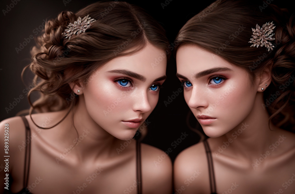 Naklejka premium Beautiful twin girls. Generative AI.