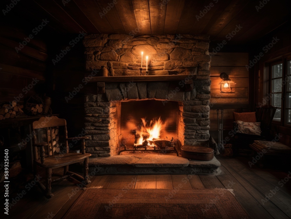 A cozy, lit fireplace in a cabin