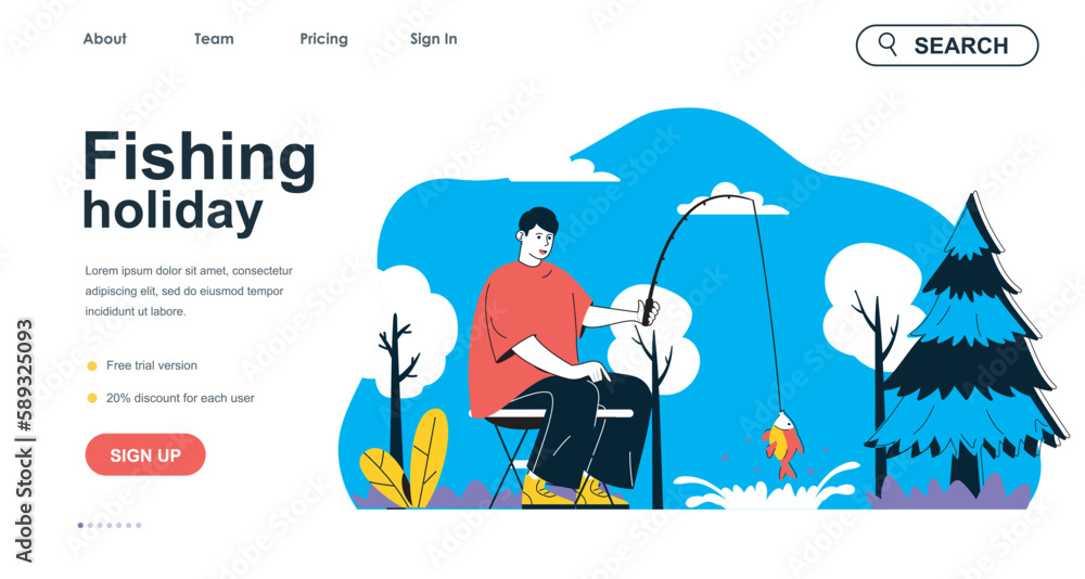 Obraz premium Fishing holiday concept for landing page template. Man catches fish with rod, resting in forest by lake. Hobby and leisure people scene. Vector illustration with flat character design for web banner