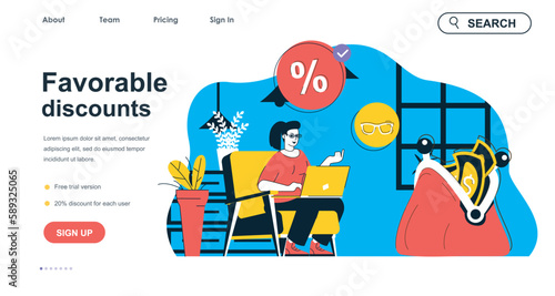 Favorable discounts concept for landing page template. Woman buying online at best prices on sales by laptop. Smart shopping people scene. Vector illustration with flat character design for web banner