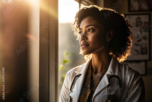 Portrait of happy female doctor standing by the window in clinic, generative ai