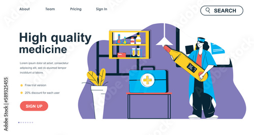 High quality medicine concept for landing page template. Doctor measures temperature and provides first aid. Medical service people scene. Vector illustration with flat character design for web banner