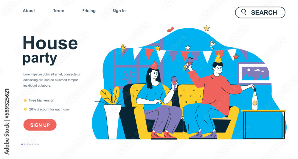 House party concept for landing page template. Man and woman celebrating birthday, drinking and having fun. Holiday event people scene. Vector illustration with flat character design for web banner