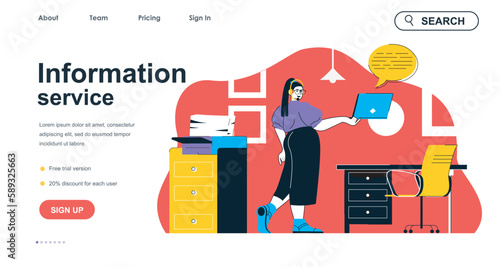 Information service concept for landing page template. Operator talks with customers and answers questions. Support center people scene. Vector illustration with flat character design for web banner