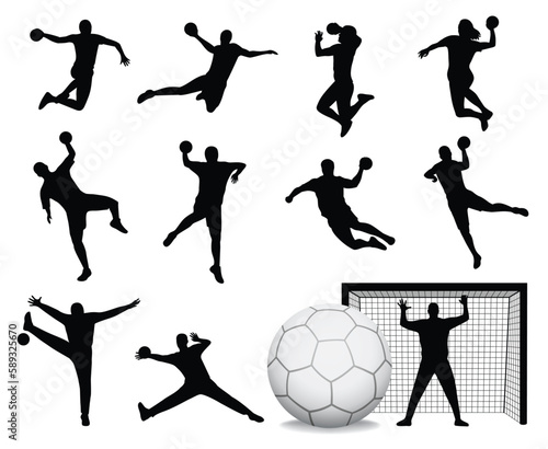 Handball players silhouette men and women - attack shut in jumping, goalkeepers, balls and Goal vector illustration