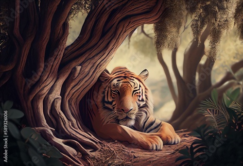 There's a big tiger dozing in the shade of a tree. Illustration and Background Digital Painting. Generative AI © Chloe