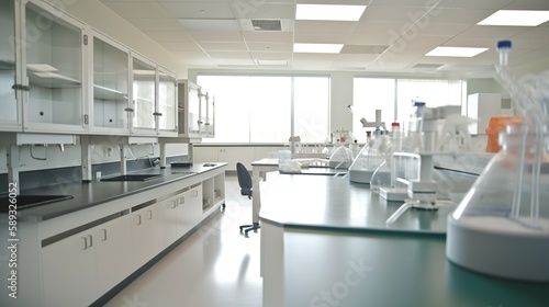 Scientific laboratory interior  research facilty  with white shelves and benches  modern design  AI generative