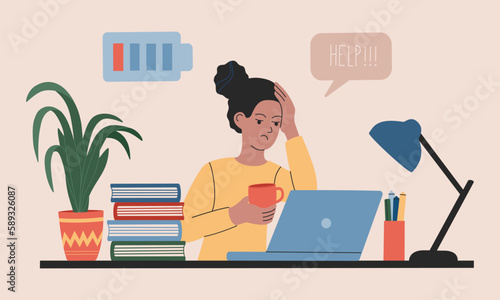 Young woman with low energy sits by the table with laptop, overworked and needs help and rest. Burnout at work. Hand drawn vector illustration isolated on light background, flat cartoon style.