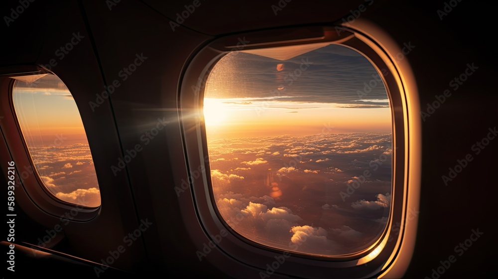 An airplane wing is seen from inside the aircraft through the window. Warm light shines inside from the evening sunset. generative ai
