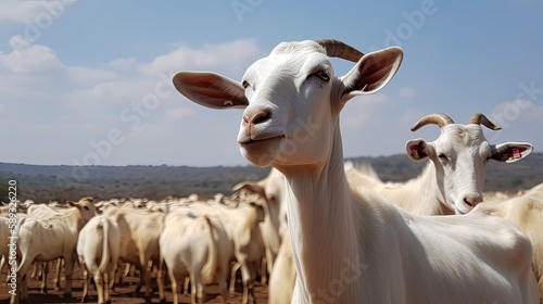 A white goat looking into the cameera, it's herd in the background. generative ai
