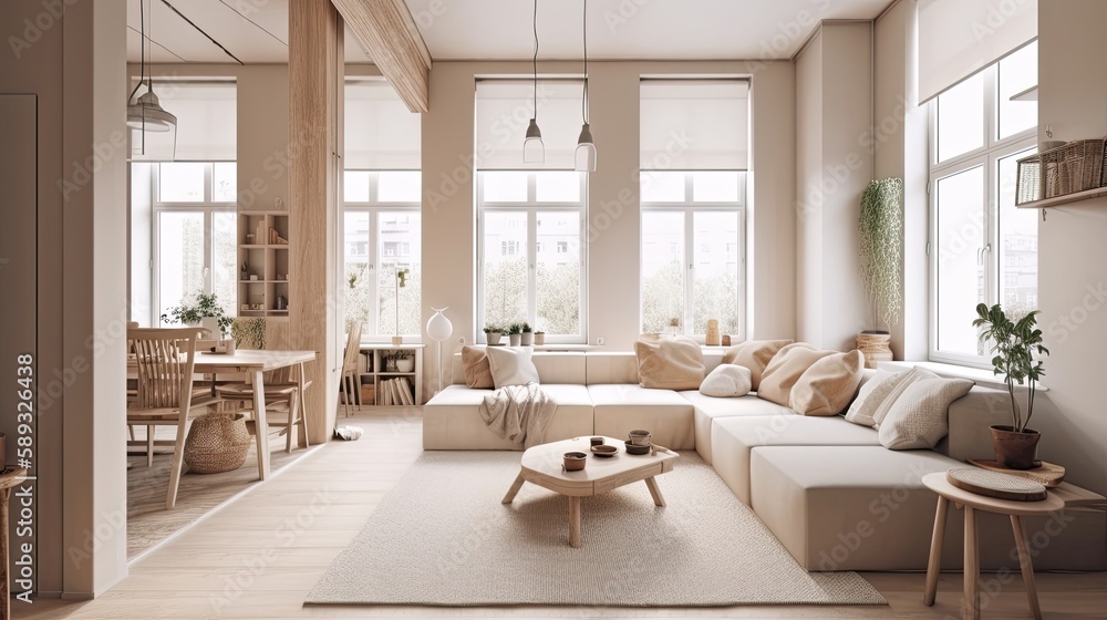 Fototapeta premium Interior design spacious bright studio apartment in Scandinavian style and warm pastel white and beige colors. generative ai