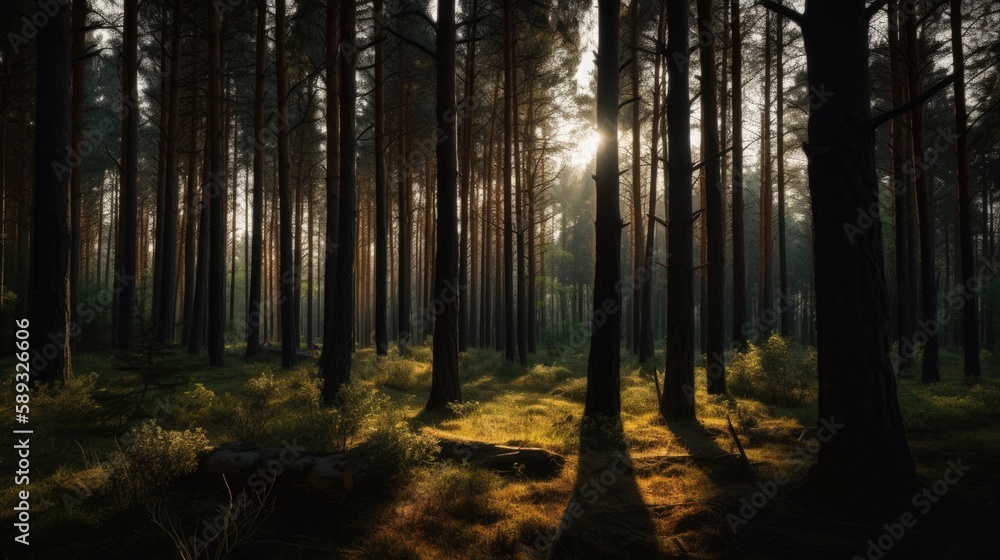 Warm Sunlight Shining On The Pine Tree Trunks In A Dark Forest. generative ai Warm Sunlight Shining On The Pine Tree Trunks In A Dark Forest. generative ai