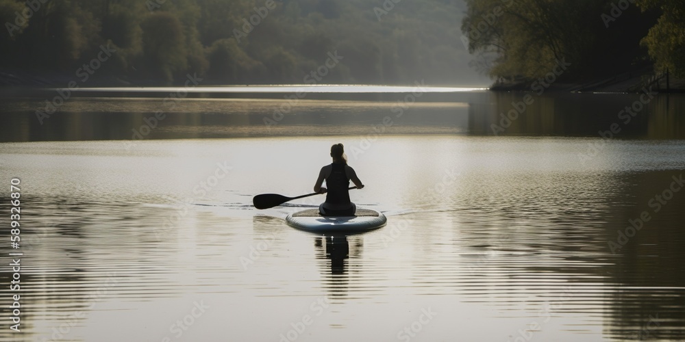person practicing yoga on paddleboard, created with Generative AI technology person practicing yoga on paddleboard, created with Generative AI technology
