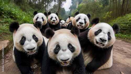 Cuddly Companions: Smiling Pandas Strike a Pose for a Selfie,generative ai