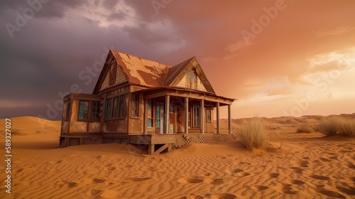 African desert sand taking over old wooden house on sunset, AI generative landscape