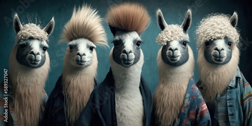 Group of llamas decide to form boy band, concept of Musical animals created with Generative AI technology