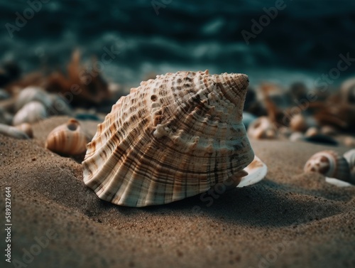 A broken seashell on a sandy beach