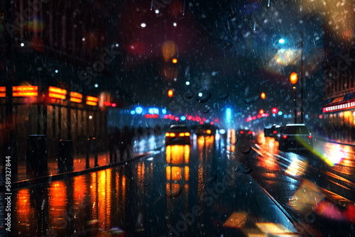  rainy evening city street blurred light and rain drops on glass rainy weather generated ai © Aleksandr