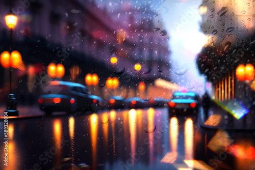  rainy evening city street blurred light and rain drops on glass rainy weather generated ai