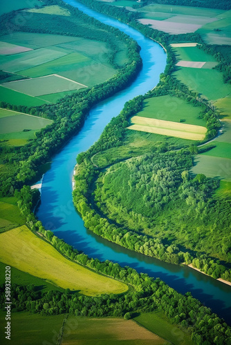 Blue river between green fields generative AI