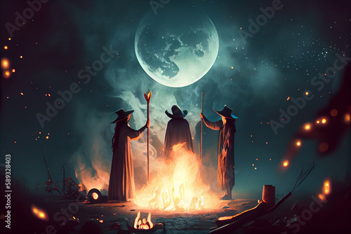 Occult witch sabbath ritual fire gathering in forest at night with moon eclipse. Scary spiritual and surreal background. photo