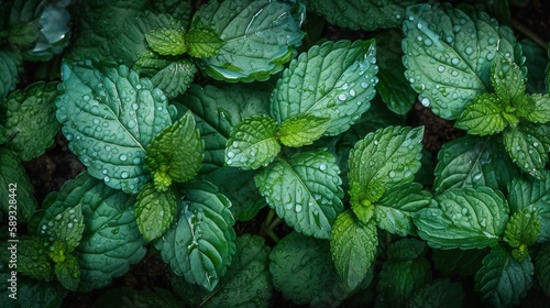 Fresh mint leaves, flat lay, top view, AI generative