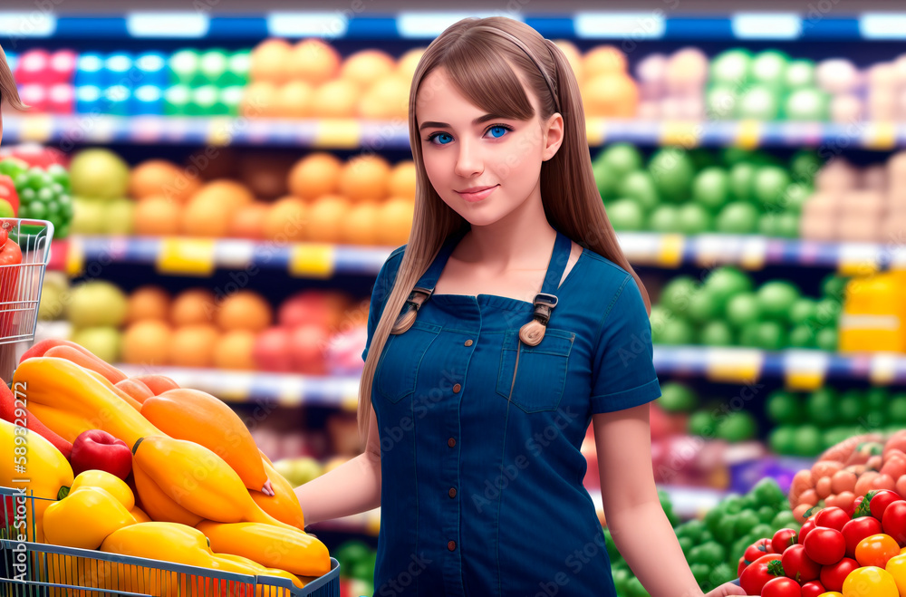 Beautiful girl supermarket worker, on the background of vegetables and fruits. Generative AI.