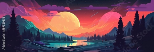 Sunset with mountains wallpaper. Generative AI.