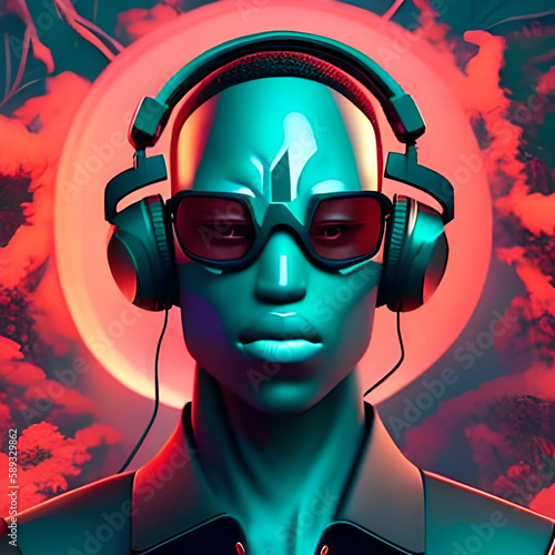 Immersed in a Virtual World: The Avatar with Dark Glasses, Green Mask, and Headphones © Suheb