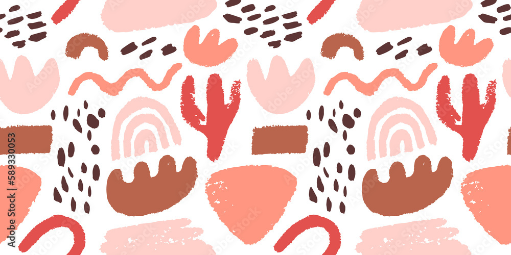 Abstract organic shape seamless pattern with unusual pink color doodles and hand drawn shapes. Ethnic rock art style doodle background for fashion print, summer wallpaper design.	