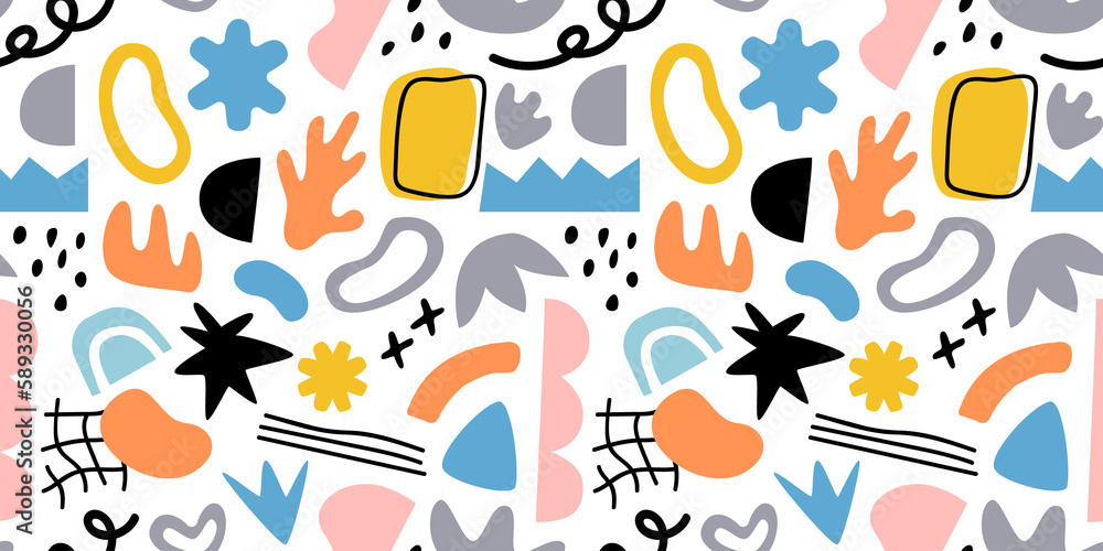 Fototapeta premium Abstract organic shape seamless pattern, random flat cartoon doodles in trendy contemporary art style. Freehand childish scribble background for textile, print or fashion backdrop. 