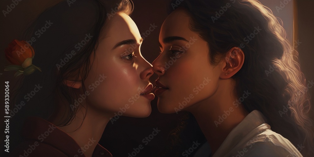 Gay young women couple kissing. Generative AI