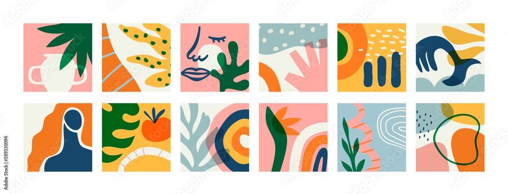 Set of abstract art greeting cards on isolated background. Natural summer plants and organic shapes collection of woman face, jungle leaf, geometric shape. Abstract summer decoration bundle.
Set of abstract art greeting cards on isolated background. Natural summer plants and organic shapes collection of woman face, jungle leaf, geometric shape. Abstract summer decoration bundle.