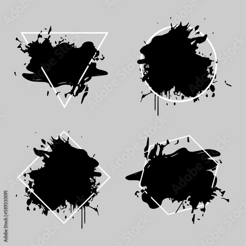 Set of geometrical frames. banners with ink splatters, splashes. Collection of grunge abstract frames isolated.